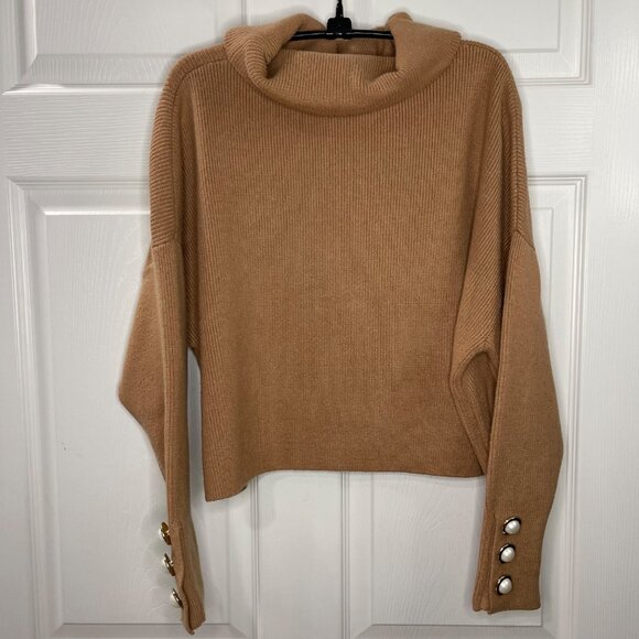 Zara Turtleneck Sweater Women's Size Large Faux Pearl Buttons Ribbed Knit Brown - Picture 5 of 16